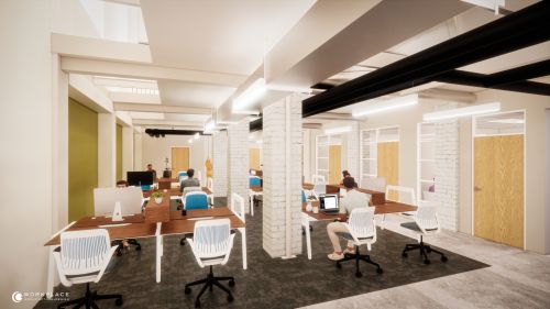 open desk workspace at the Cabarrus Center for Innovation and Entrepreneurship