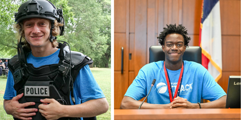 Students from Student Track in Police gear and sitting in courtroom